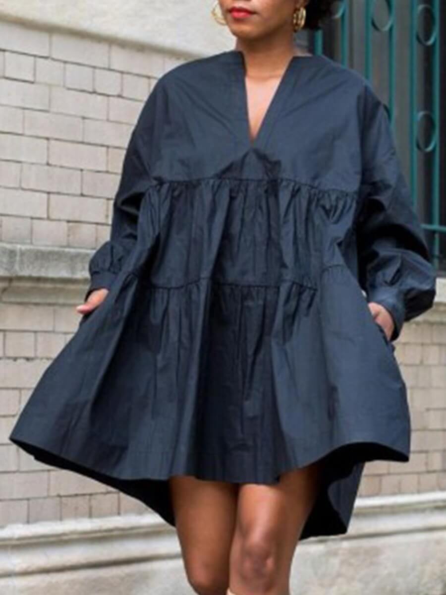 

Lovely Casual V Neck Fold Design Dark Blue Knee Length Dress