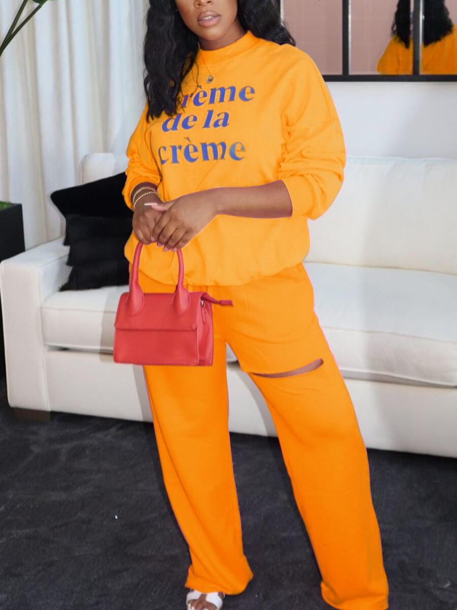 

Lovely Casual O Neck Letter Print Orange Two Piece Pants Set