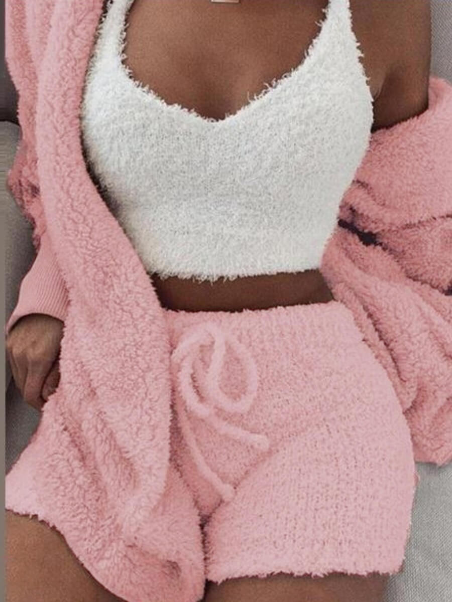 

Lovely Stylish Lamb Fleece Pink Sleepwear(Three-piece