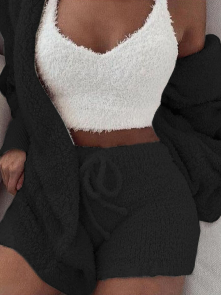 

Lovely Stylish Lamb Fleece Black Sleepwear(Three-piece