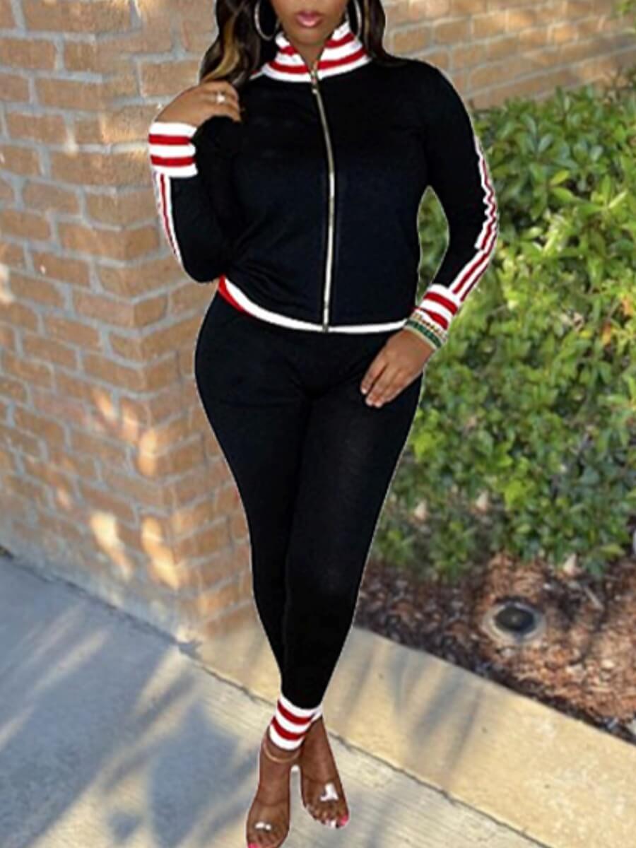 

Lovely Sportswear Mandarin Collar Patchwork Black Two Piece Pants Set