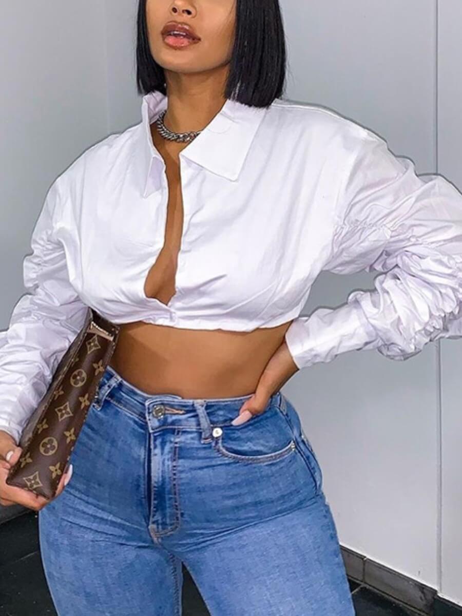 

Lovely Casual Turndown Collar White Crop Top Blouse