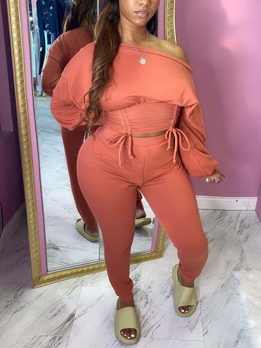 

Lovely Casual Dropped Shoulder Drawstring Design Pink Two Piece Pants Set