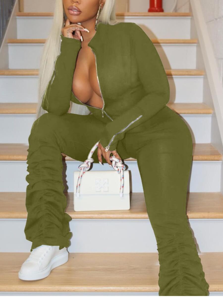 

Lovely Trendy Fold Zipper Design Green One-piece Jumpsuit