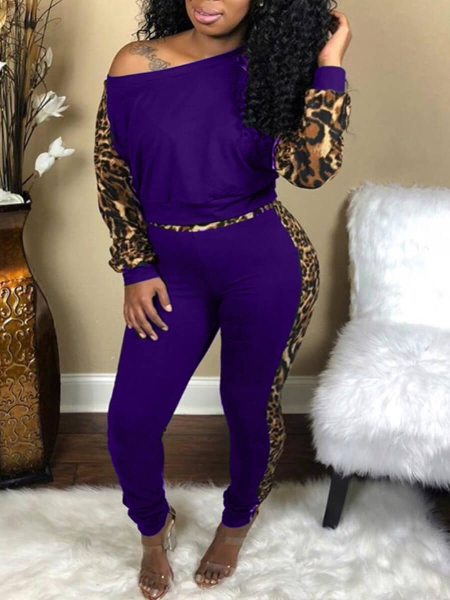 

Lovely Trendy Leopard Print Patchwork Purple Two Piece Pants Set