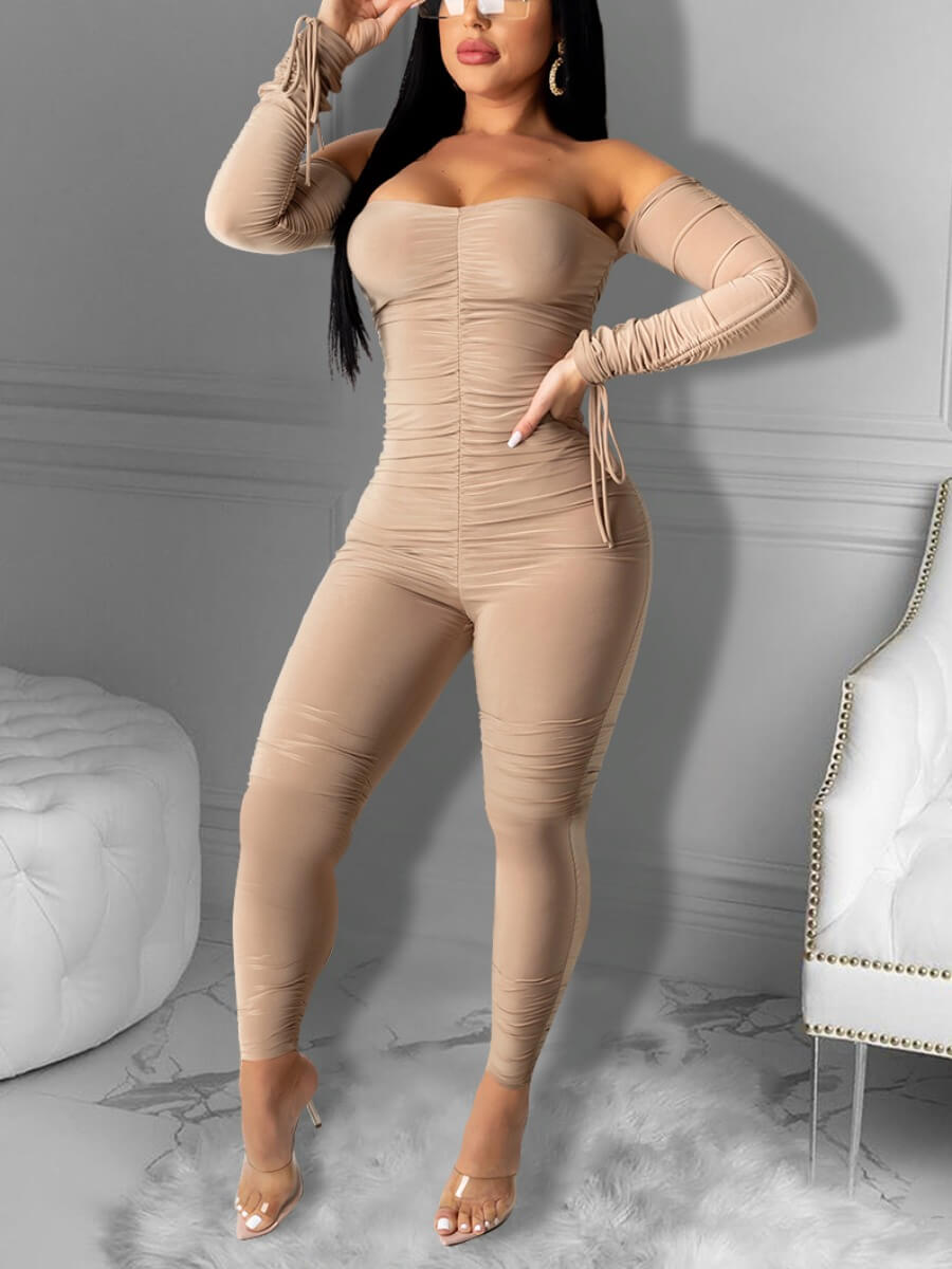 

Lovely Casual Off The Shoulder Pleated Design Apricot One-piece Jumpsuit