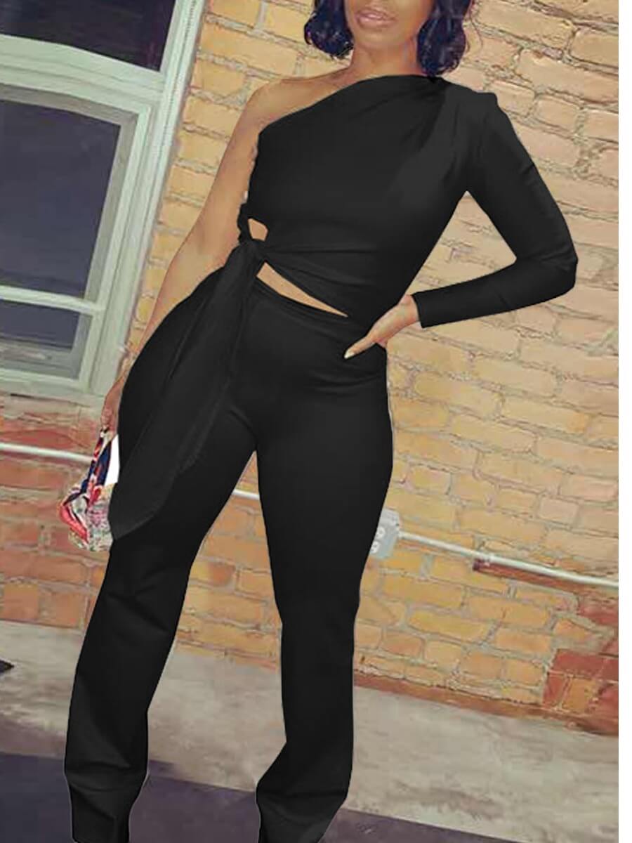 

LW Trendy One Shoulder Knot Design Black Two Piece Pants Set