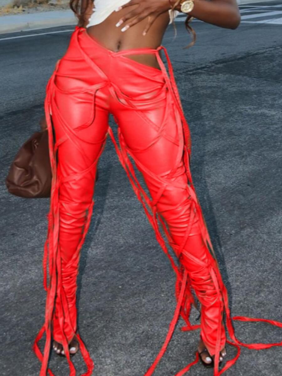 

Lovely Stylish Lace-up Red Pants
