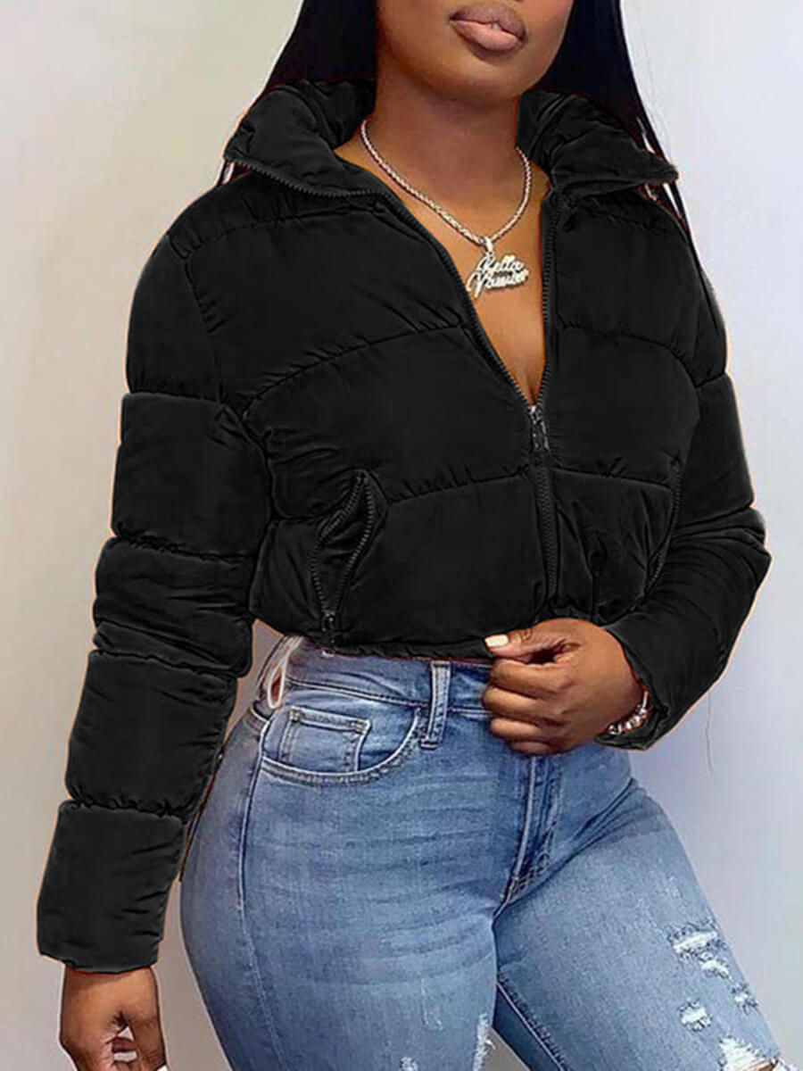 

LW BASICS Casual Turndown Collar Zipper Design Black Parka