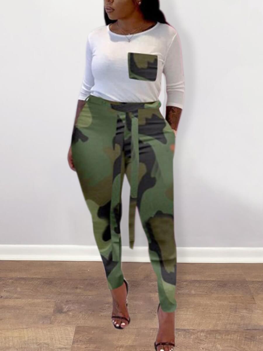 

LW Plus Size O Neck Pocket Camo Pants Set, Army green camouflag
