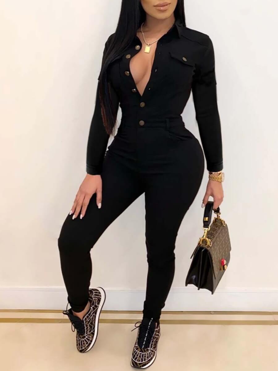 

Lovely Stylish Turndown Collar Button Design Black One-piece Jumpsuit