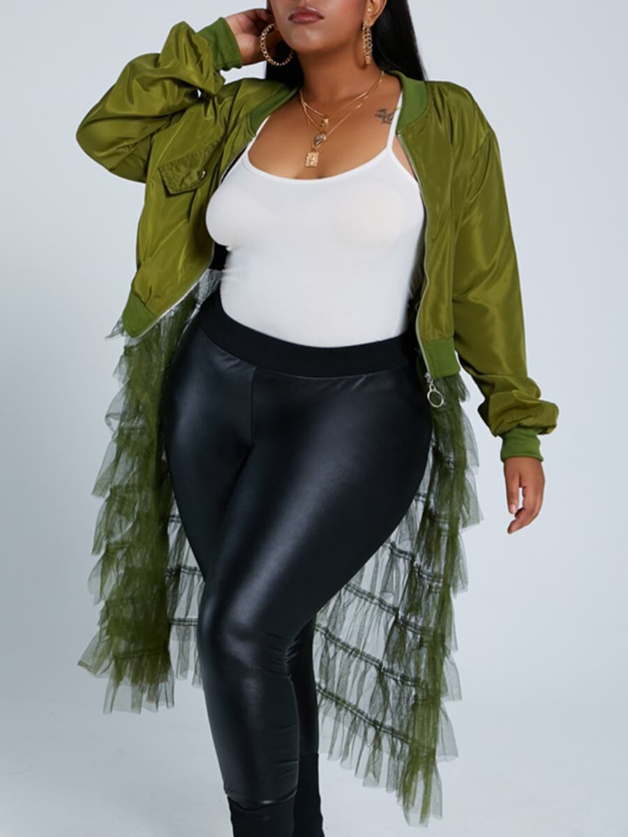 

Lovely Casual Patchwork See-through Army Green Long Coat