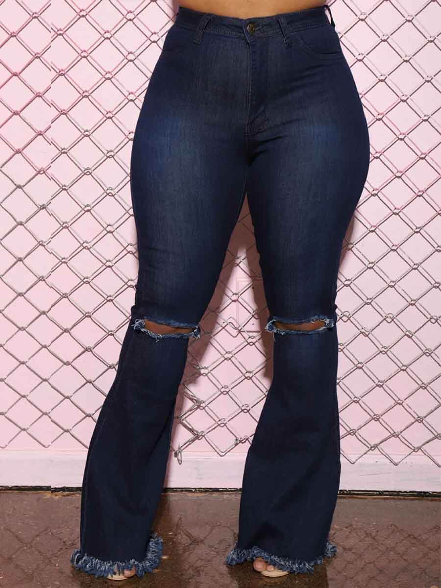 

Lovely Trendy Hollow-out Flared Deep Blue Jeans