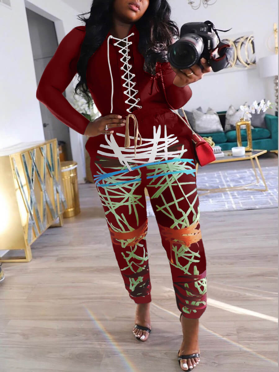 

Lovely Street Print Bandage Design Wine Red Two Piece Pants Set(Without Bandage Design