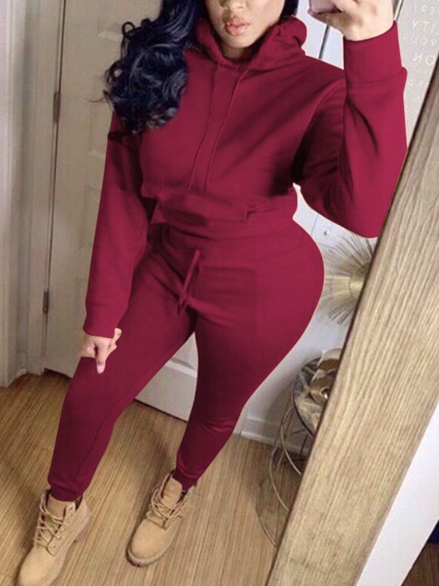

Lovely Casual Hooded Collar Basic Wine Red Two Piece Pants Set