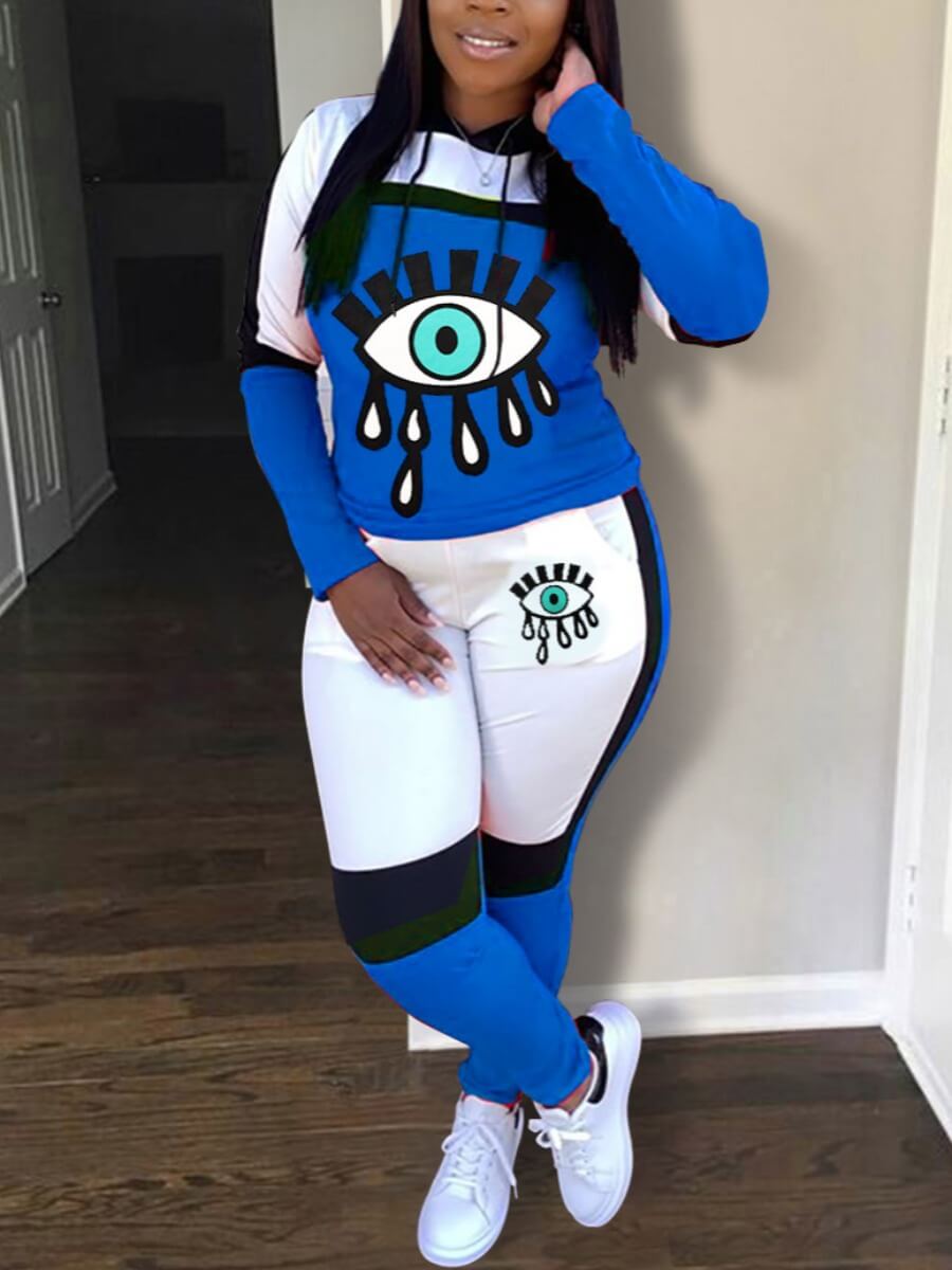 

Lovely Casual Hooded Colla Eye Print Patchwork Blue Two Piece Pants Set