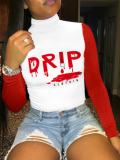 LW Turtleneck Letter Print Patchwork T-shirt