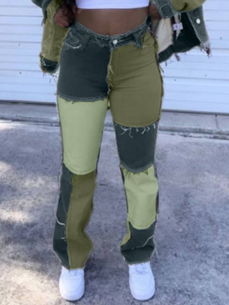 

Lovely Trendy Color-lump Patchwork Onion Green Jeans
