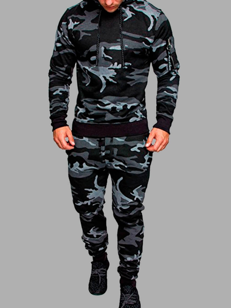 

LW Men Trendy Hooded Collar Camo Print Grey Two-piece Pants Set