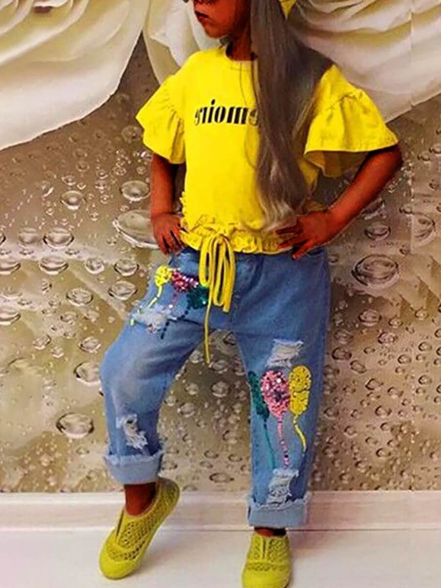

Lovely Casual O Neck Letter Print Yellow Girl Two-piece Pants Set