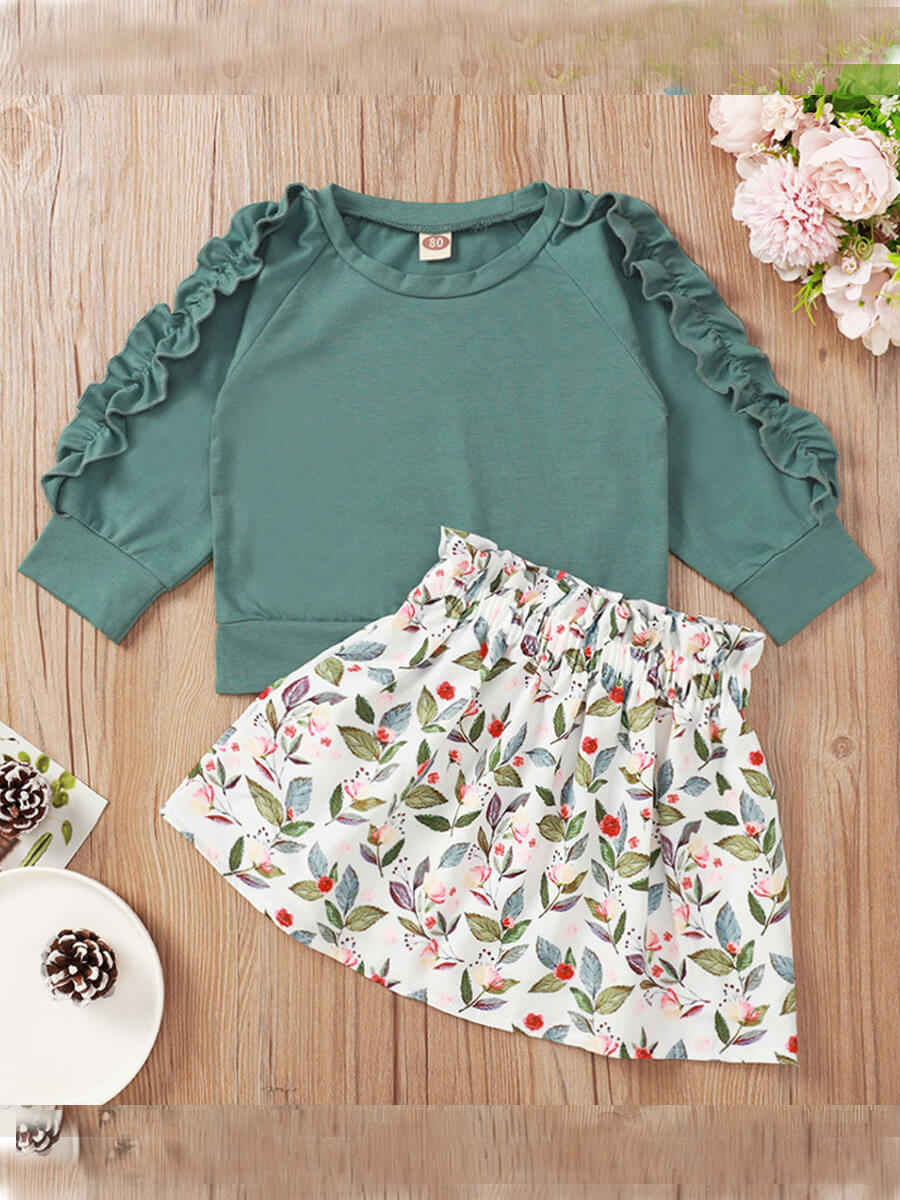 

Lovely Trendy O Neck Plants Print Green Girl Two-piece Skirt Set