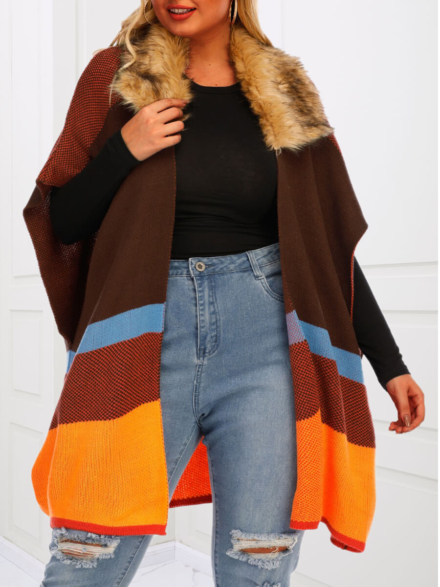 

Lovely Trendy Striped Patchwork Loose Multicolor Plus Size Coat, Multicolor mstn