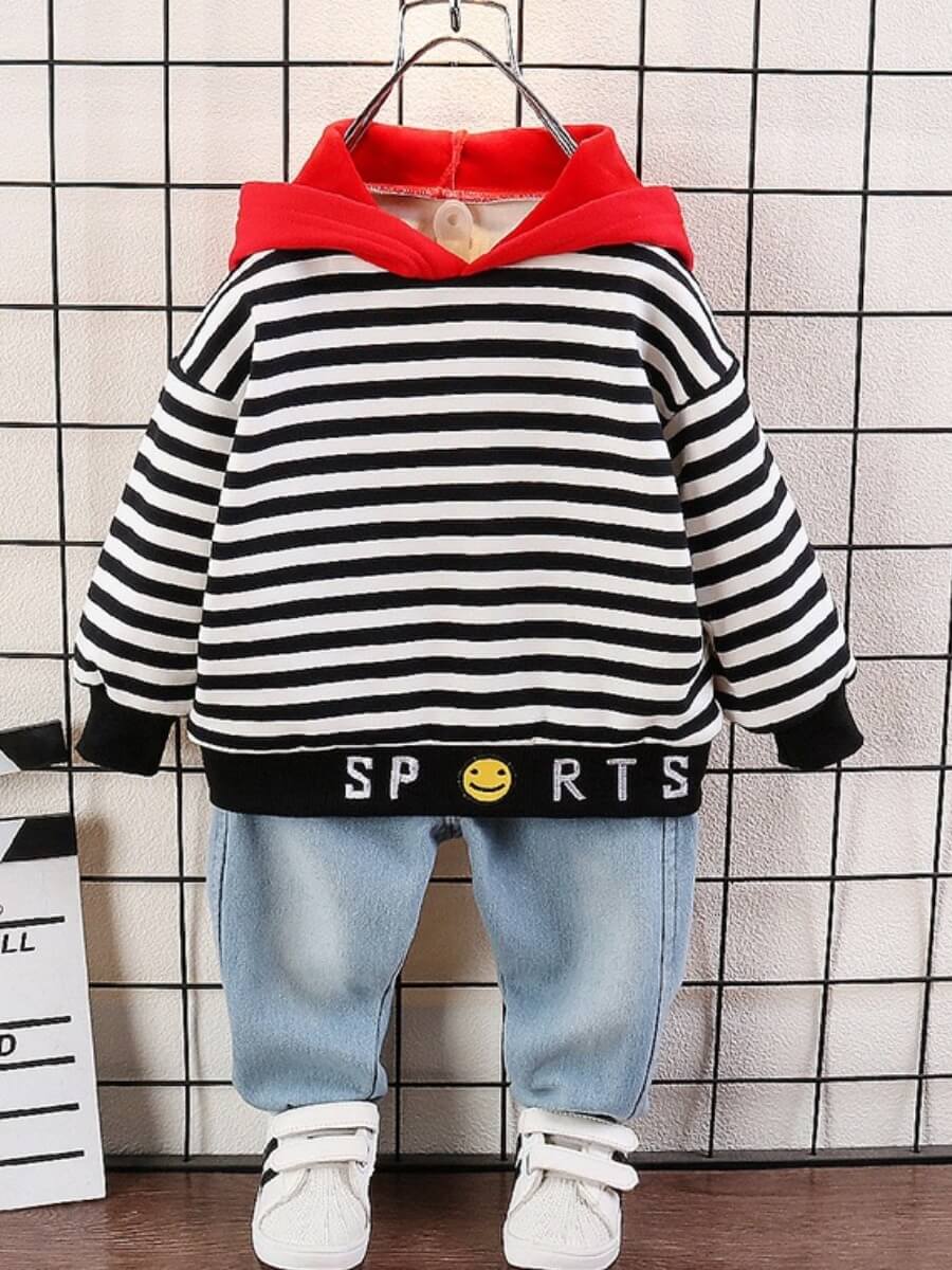 

Lovely Trendy Hooded Collar Striped Black Boy Two-piece Pants Set, Black stripe