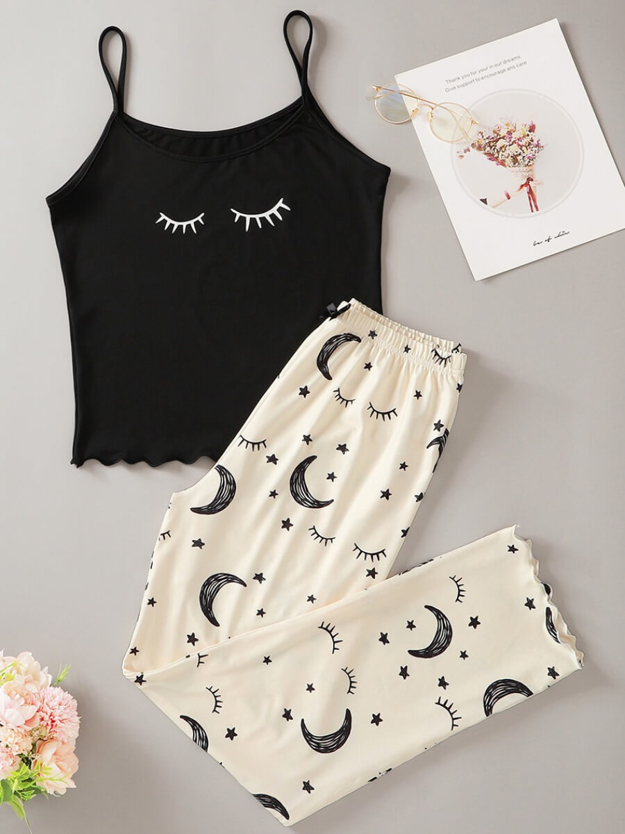 

Lovely U Neck Full Print Black Sleepwear