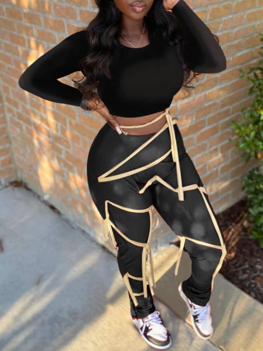 

Lovely Casual O Neck Lace-up Black Two Piece Pants Set