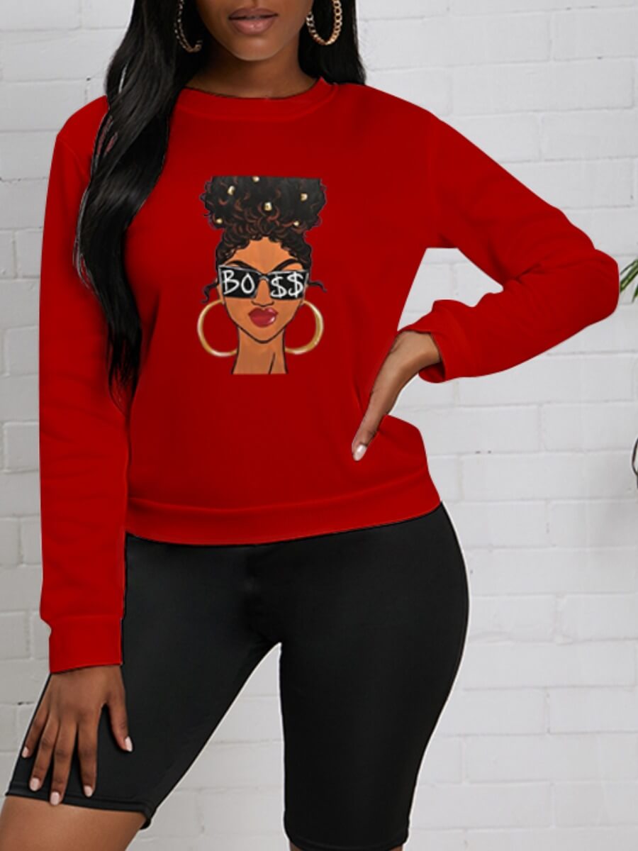 

Lovely Leisure O Neck Print Wine Red Hoodie