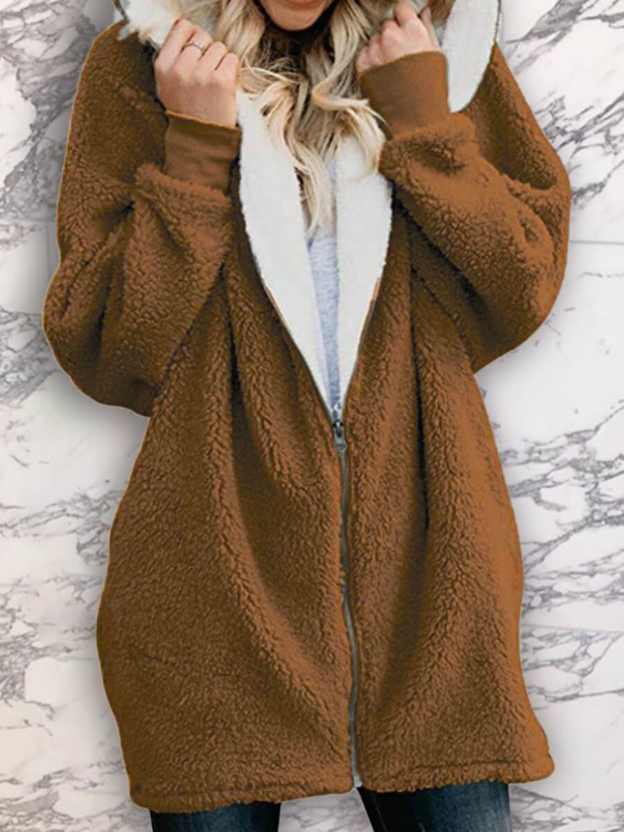 

Lovely Casual Hooded Collar Zipper Design Brown Coat