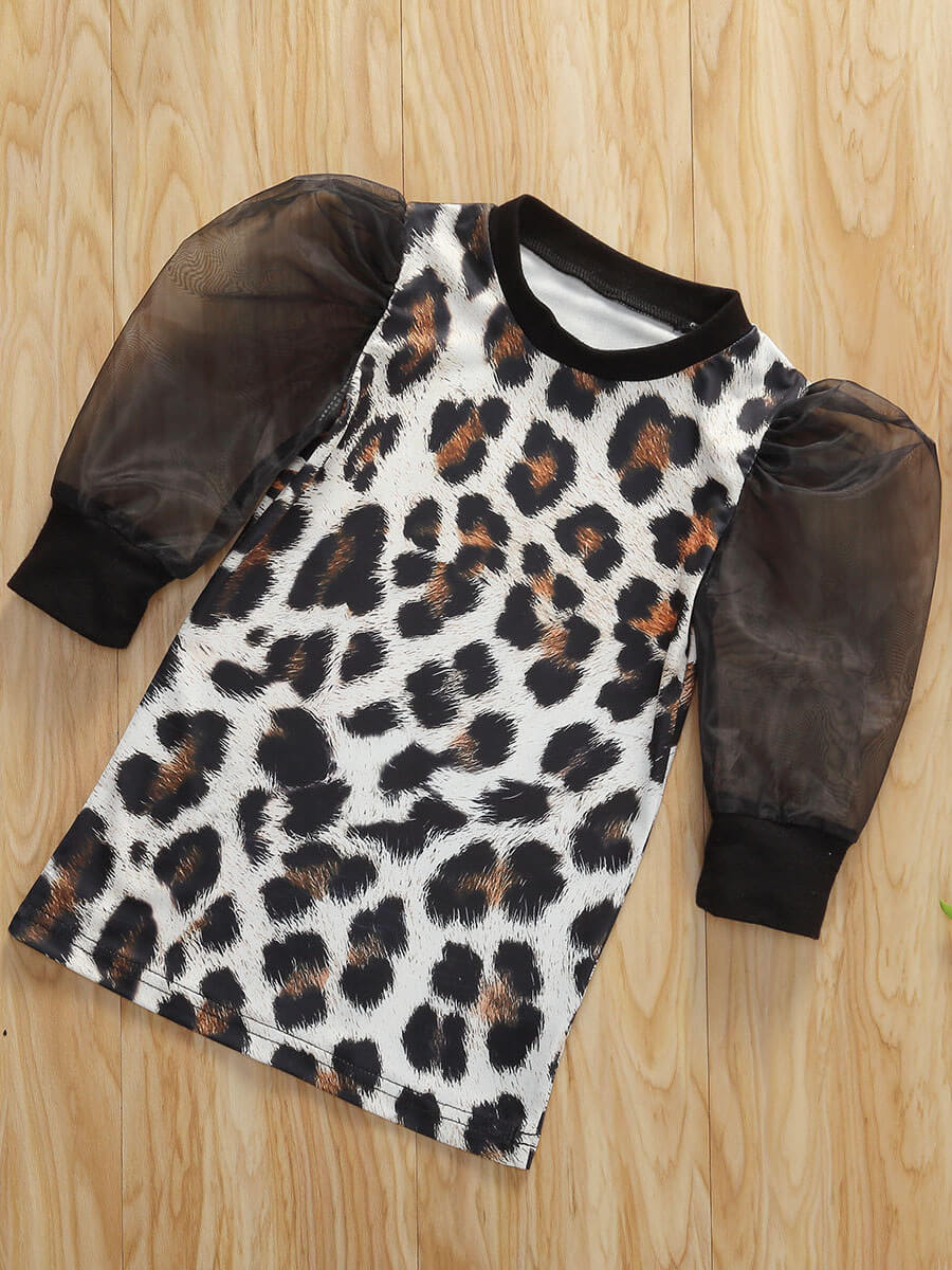 

Lovely Trendy O Neck Leopard Print Black Girl Knee Length Dress