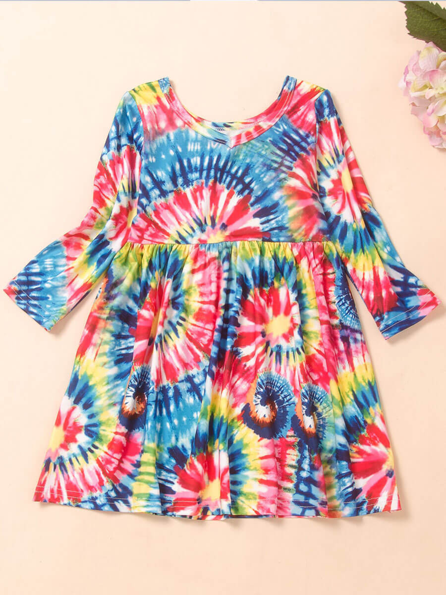 

Lovely Sweet O Neck Tie-dye Multicolor Girl Knee Length Dress, Multi
