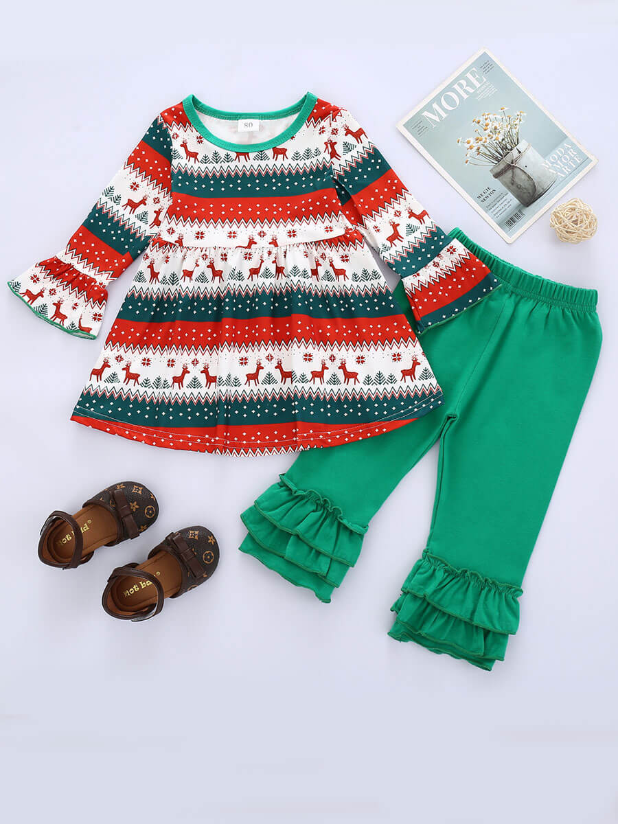 

Lovely Sweet O Neck Print Green Girl Two-piece Pants Set