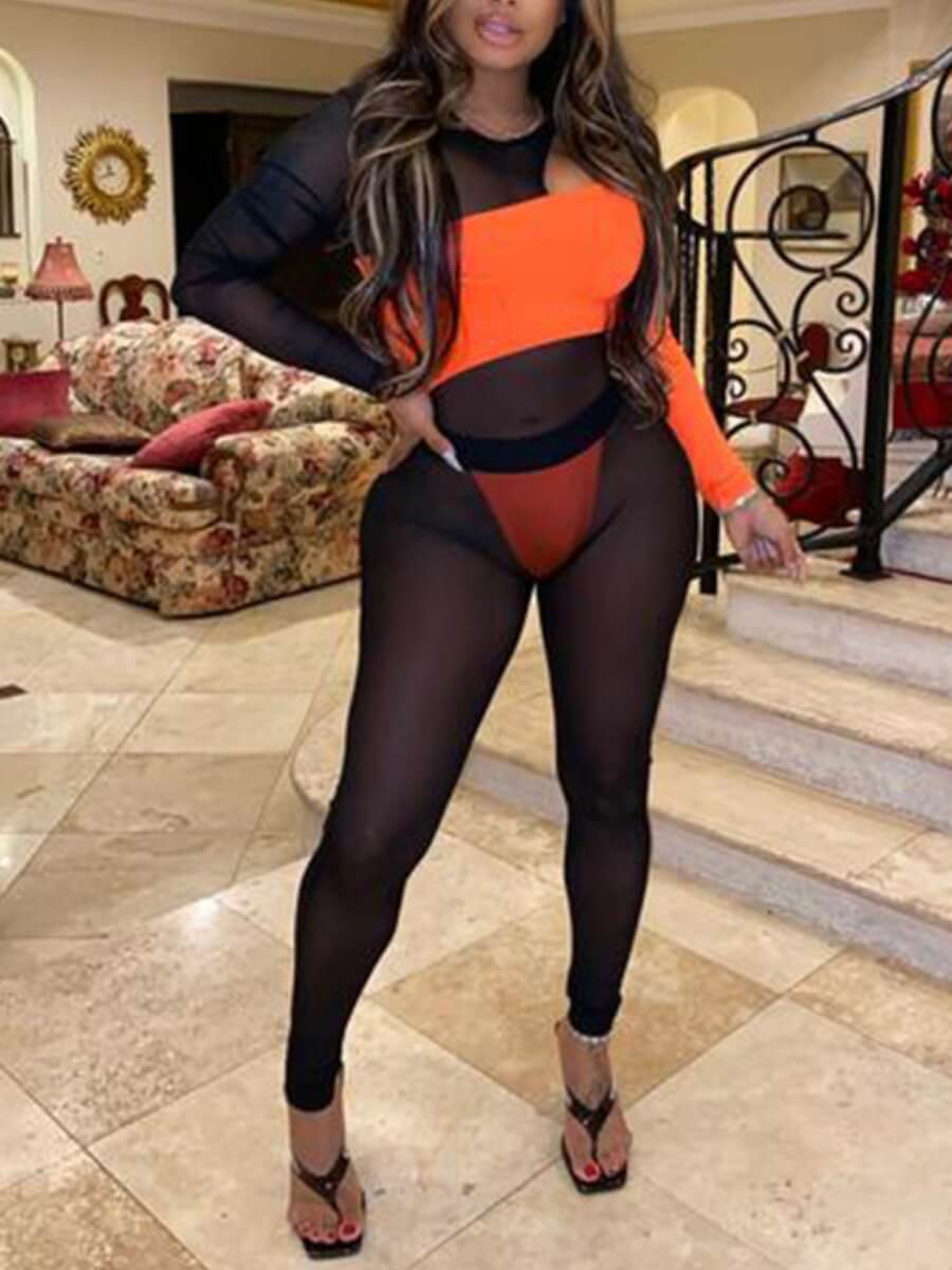 

Lovely Sexy O Neck Patchwork See-through Orange One-piece Jumpsuit