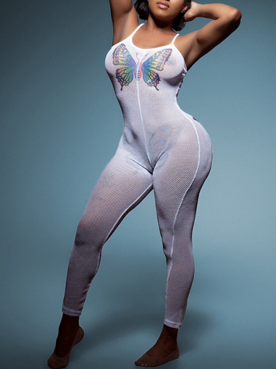 

Lovely Sexy Spaghetti Strap Butterfly Print Skinny White One-piece Jumpsuit