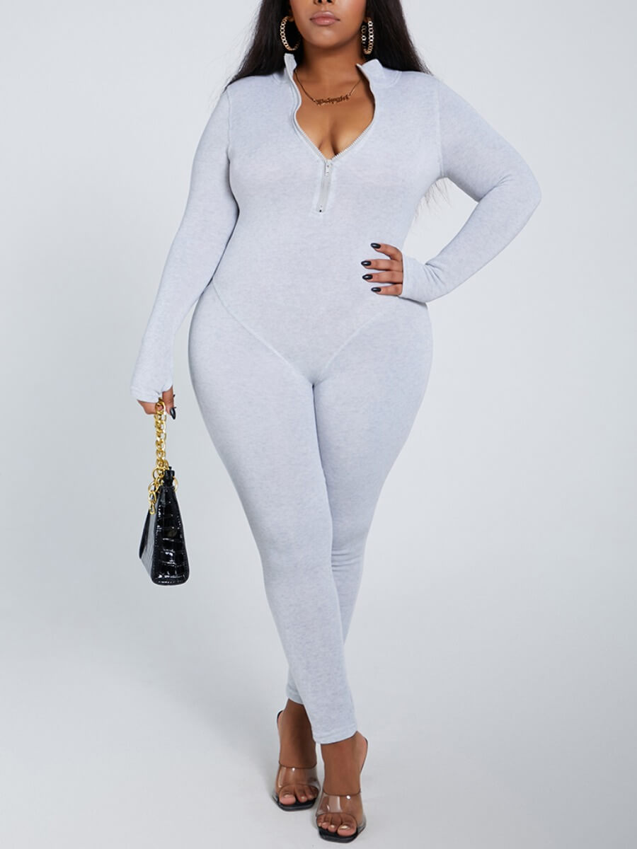 

Lovely Sportswear Zipper Design Skinny Light Grey Plus Size One-piece Jumpsuit