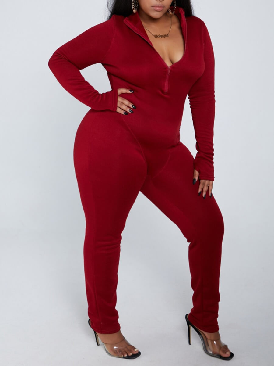 

Lovely Sportswear Zipper Design Skinny Wine Red Plus Size One-piece Jumpsuit