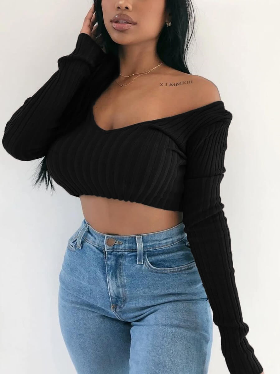 

Lovely Casual V Neck Crop Top Black T-shirt