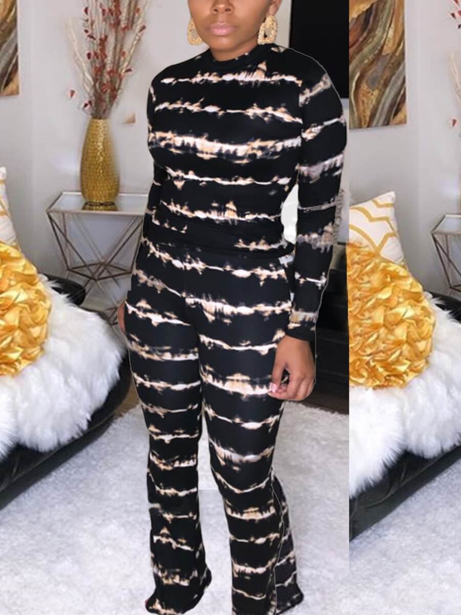 

Lovely Casual O Neck Tie Dye Black Two Piece Pants Set