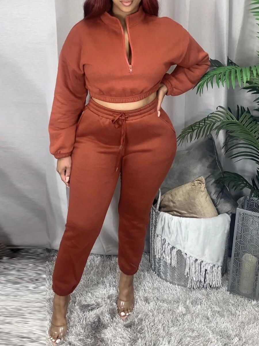 

Lovely Casual Mandarin Collar Crop Top Croci Two Piece Pants Set