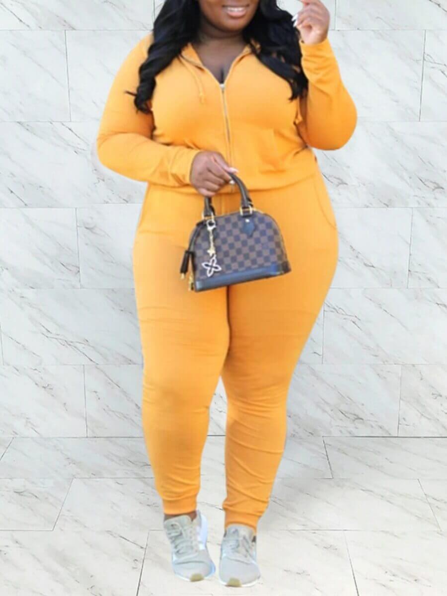 

Lovely Sportswear Hooded Collar Kangaroo Pocket Yellow Plus Size Two-piece Pants Se