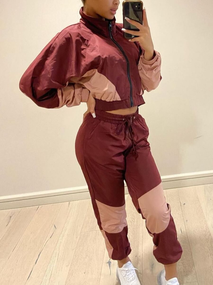 

Lovely Sportswear Patchwork Zipper Design Wine Red Two Piece Pants Set