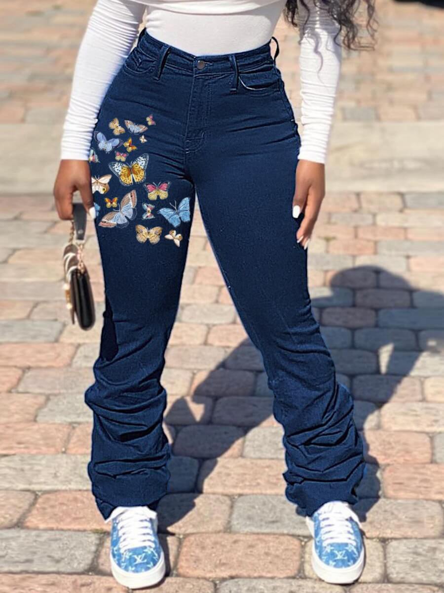 

Lovely Casual High-waisted Butterfly Print Deep Blue Jeans