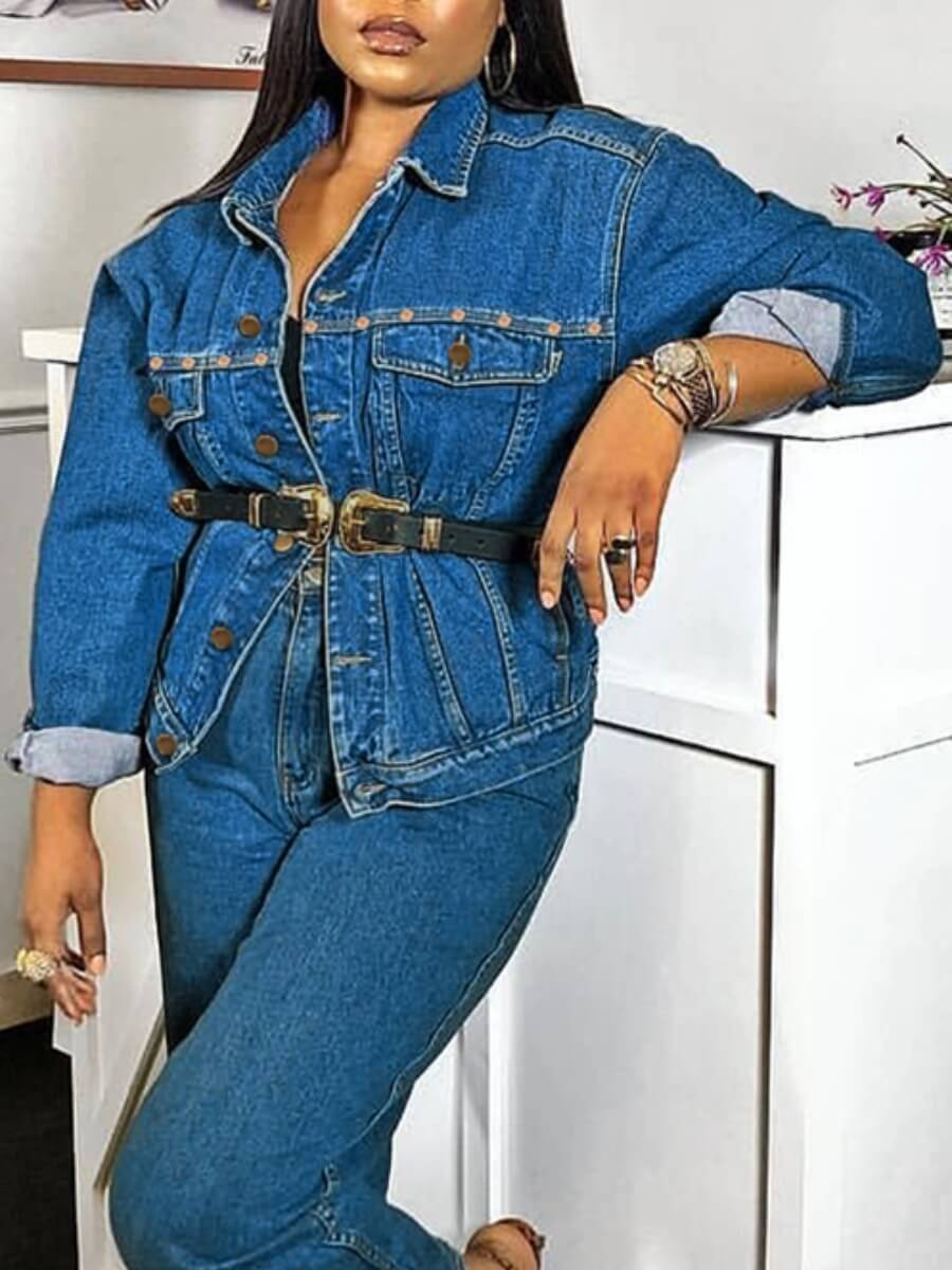 

Lovely Casual Turndown Collar Buttons Design Blue Denim Jacket(With Belt
