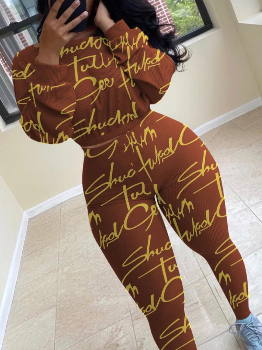 

Lovely Sportswear O Neck Letter Print Skinny Cameo Brown Two Piece Pants Set
