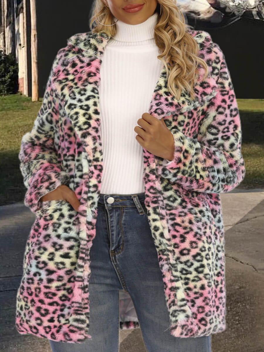 

Lovely Trendy Turndown Collar Leopard Print Faux Fur