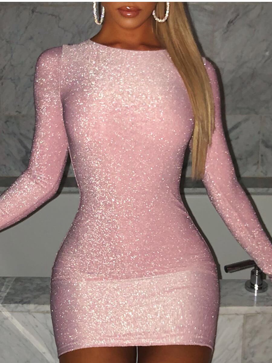 

LW SXY Stylish O Neck Skinny Pink Mini Dress
