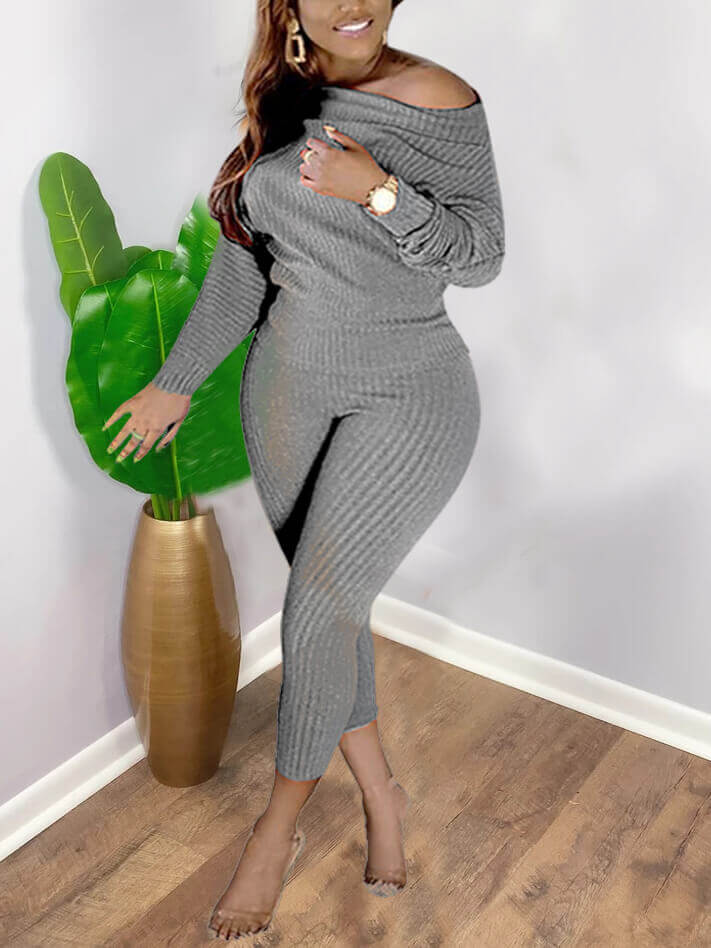 

Lovely Casual Off The Shoulder Long Sleeve Grey Two Piece Pants Set