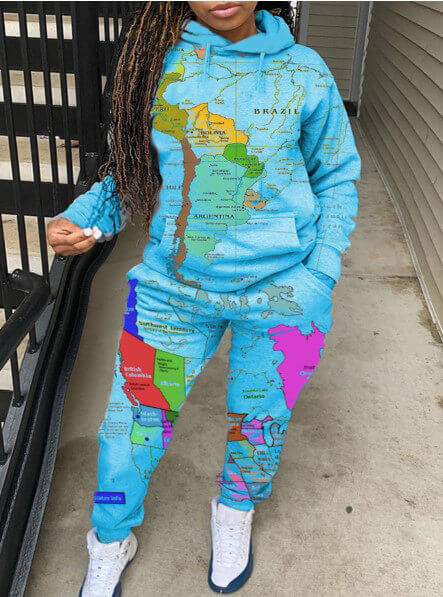 

Lovely Street Hooded Collar Print Blue Two Piece Pants Set
